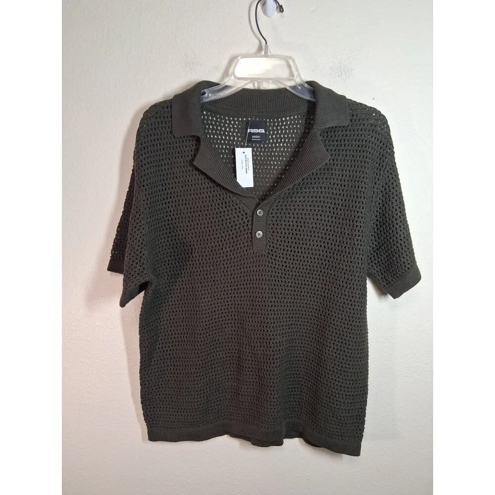 NWT RSQ Sweater Short Sleeve Open Knit Collared Olive Green Men's Size Medium